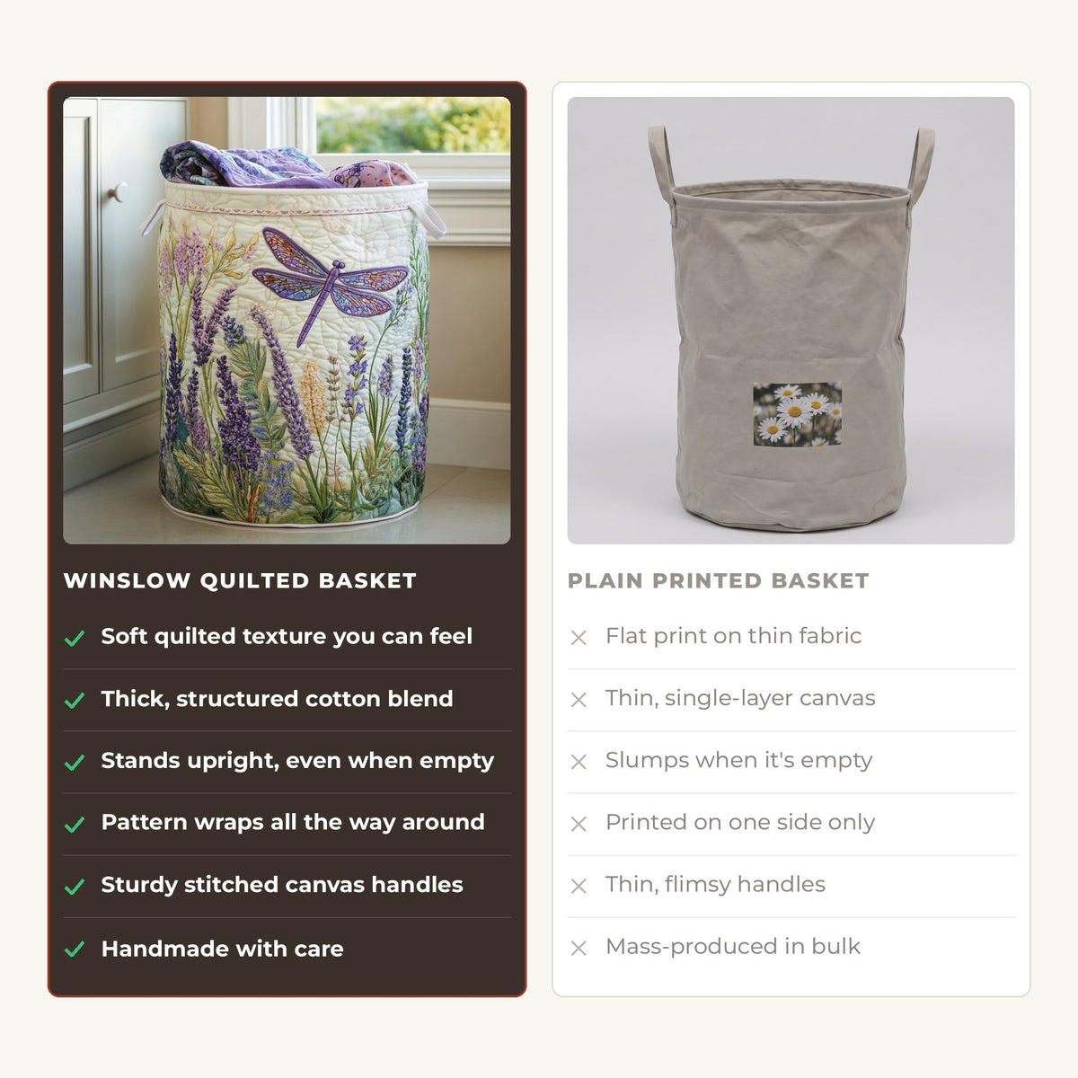 Quilted Laundry Basket - Golden Dragonfly compared with a plain printed basket