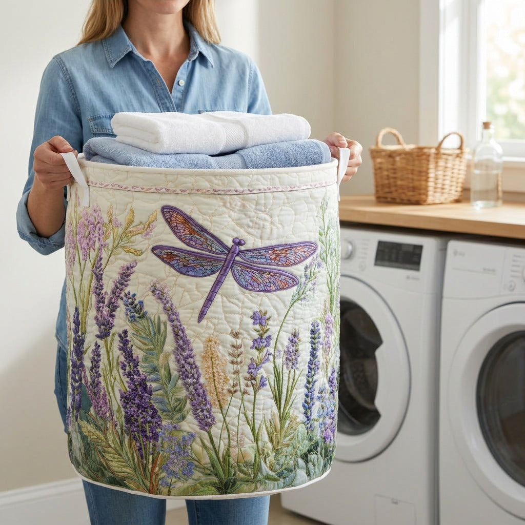 Quilted Laundry Basket - Golden Dragonfly held in a laundry room, filled with towels