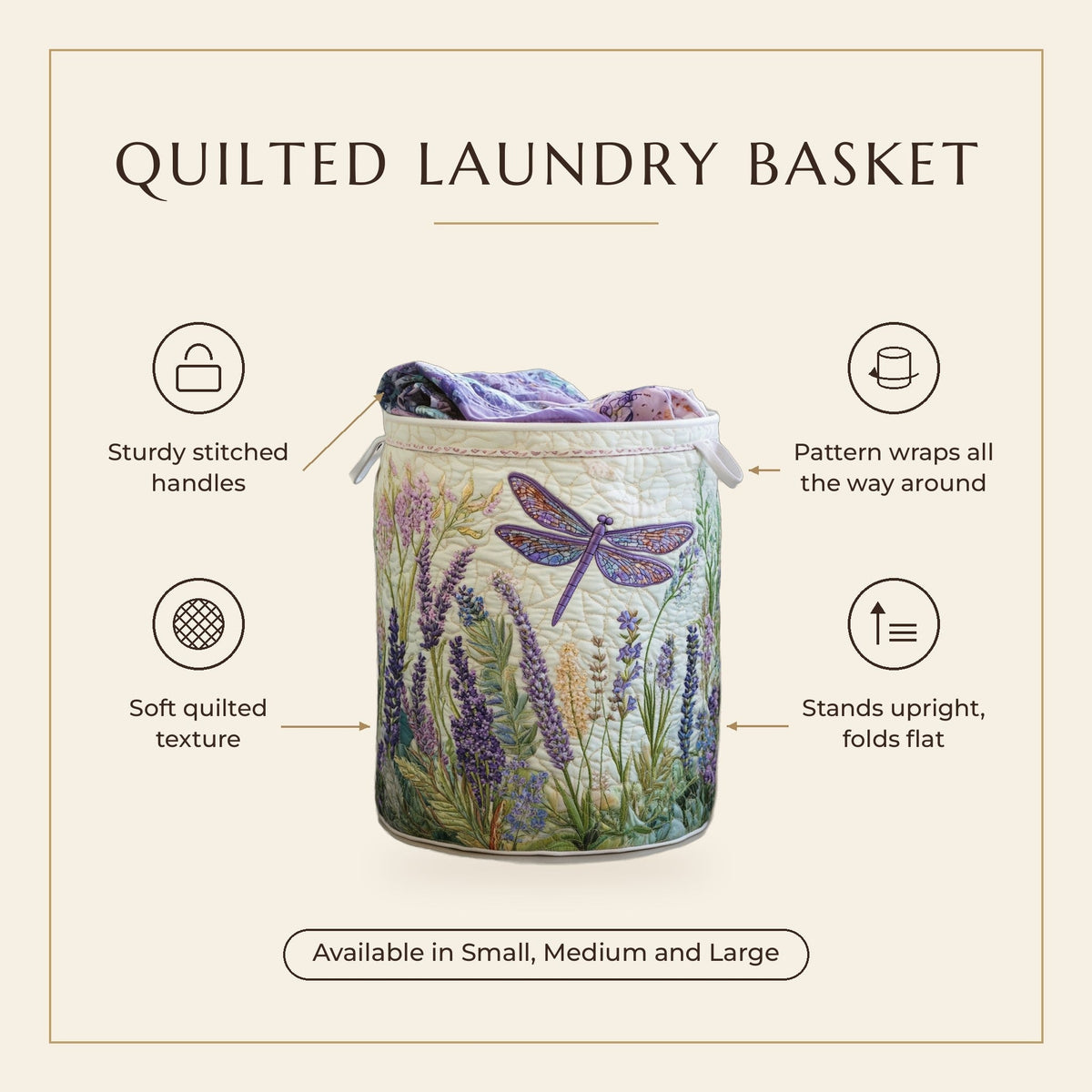 Quilted Laundry Basket - Golden Dragonfly features infographic
