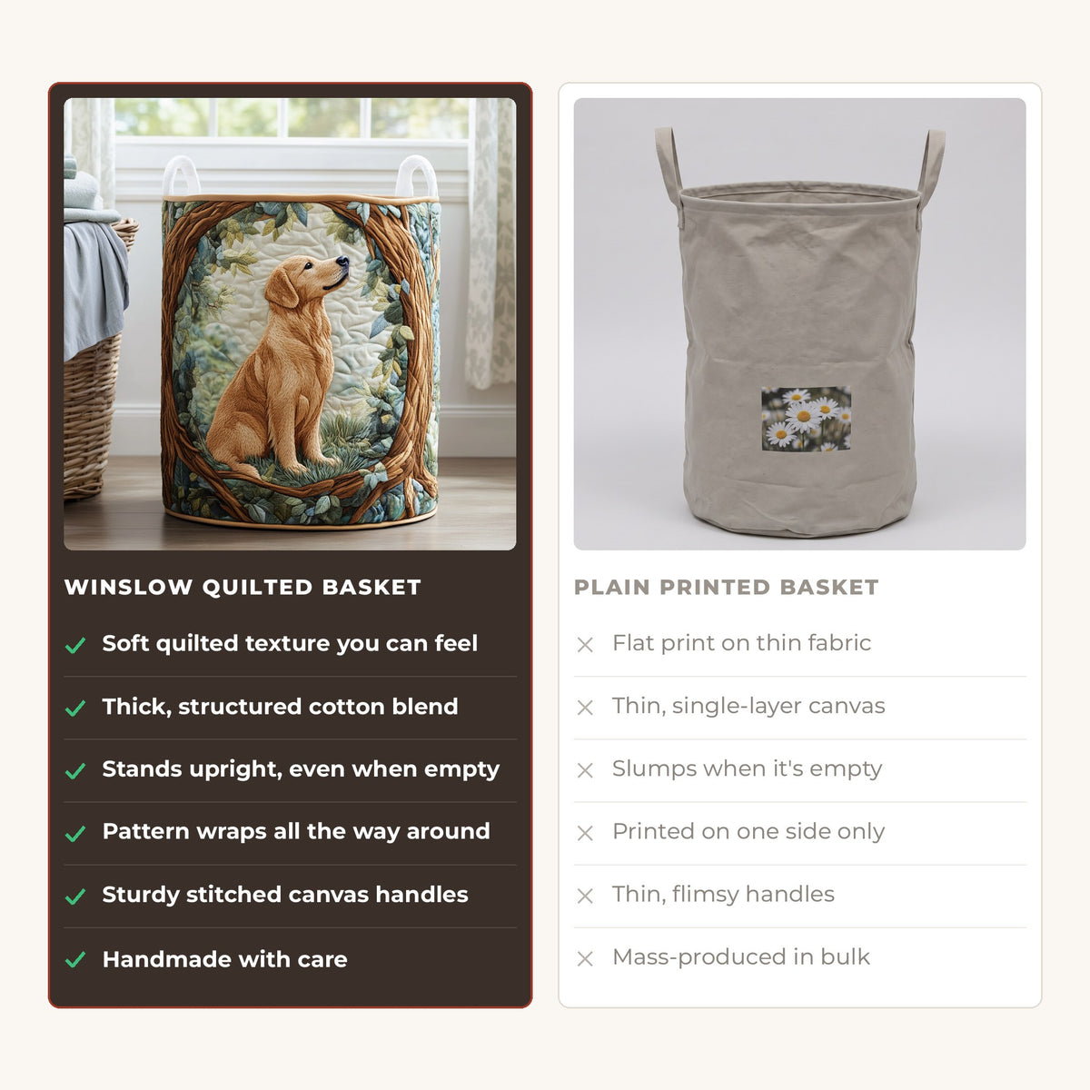 Quilted Laundry Basket - Golden Retriever Field compared with a plain printed basket