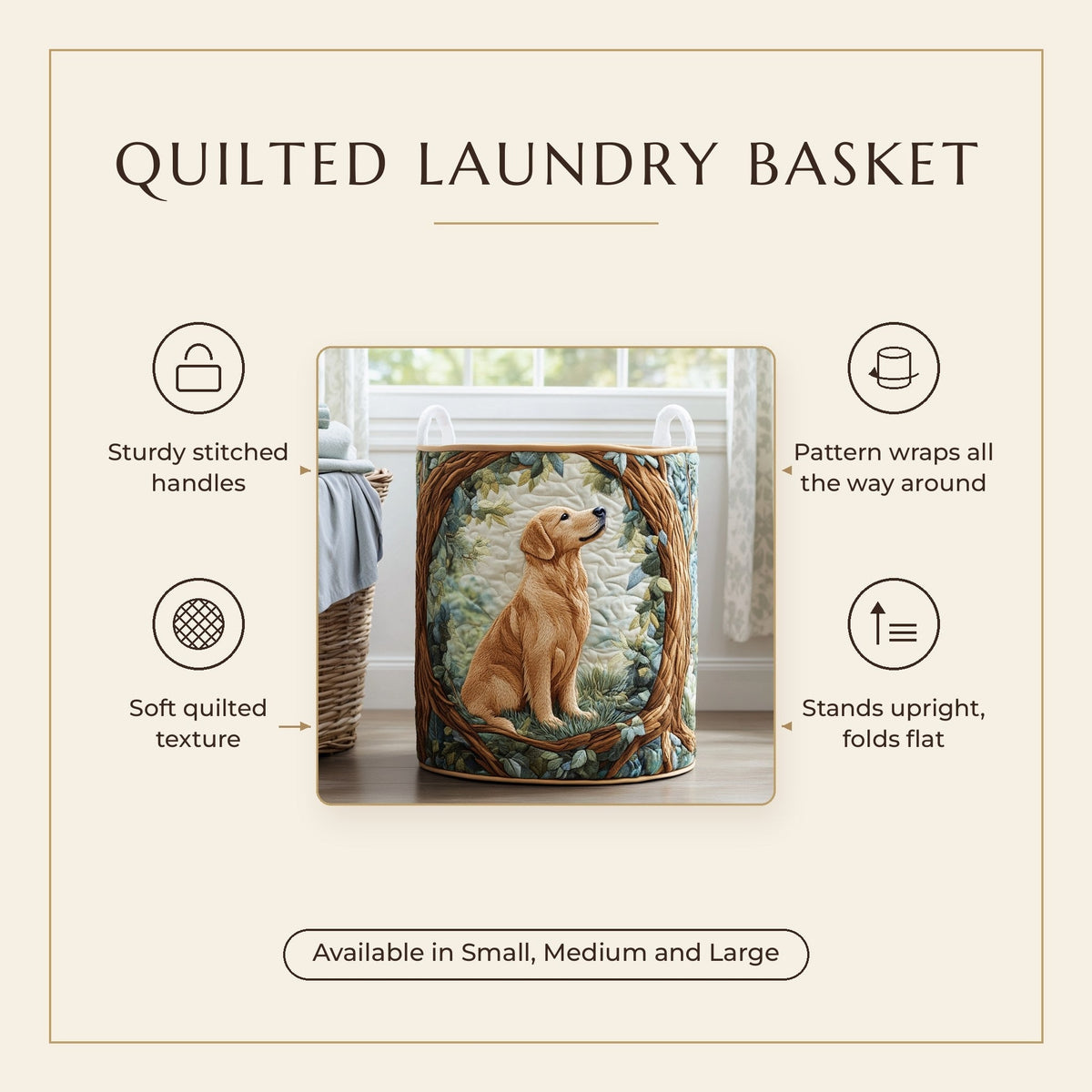 Quilted Laundry Basket - Golden Retriever Field features infographic