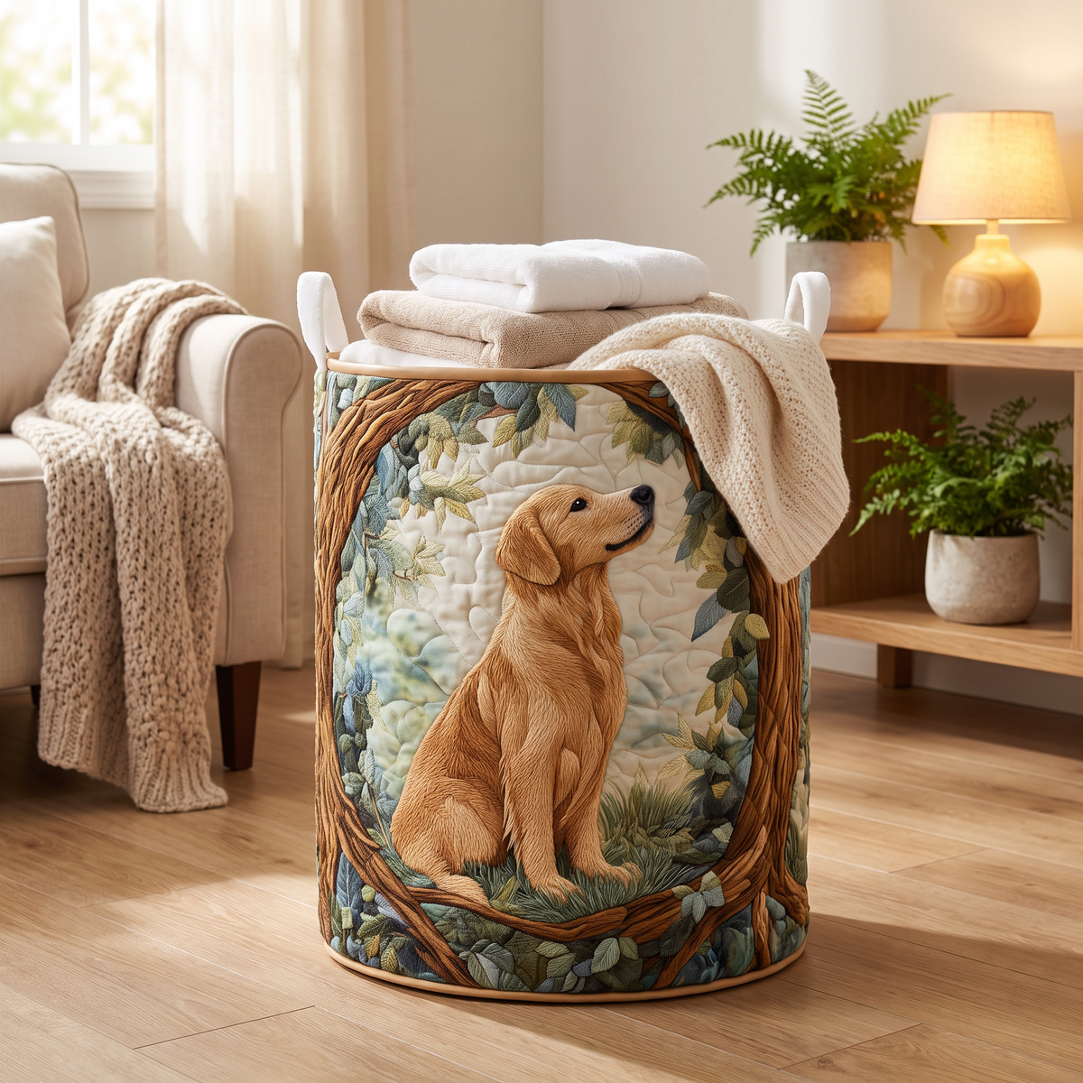 Quilted Laundry Basket - Golden Retriever Field