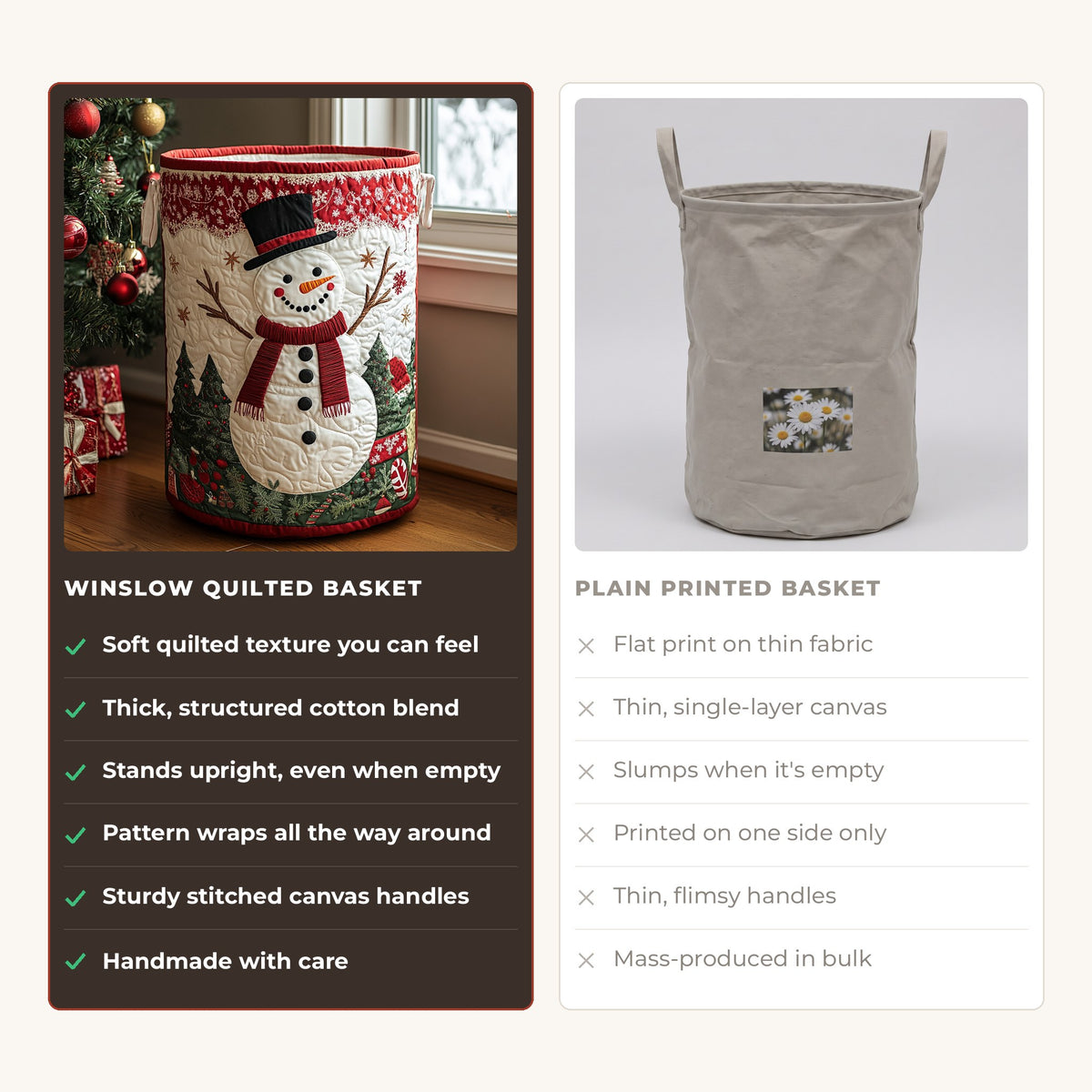 Quilted Laundry Basket - Happy Snowman compared with a plain printed basket