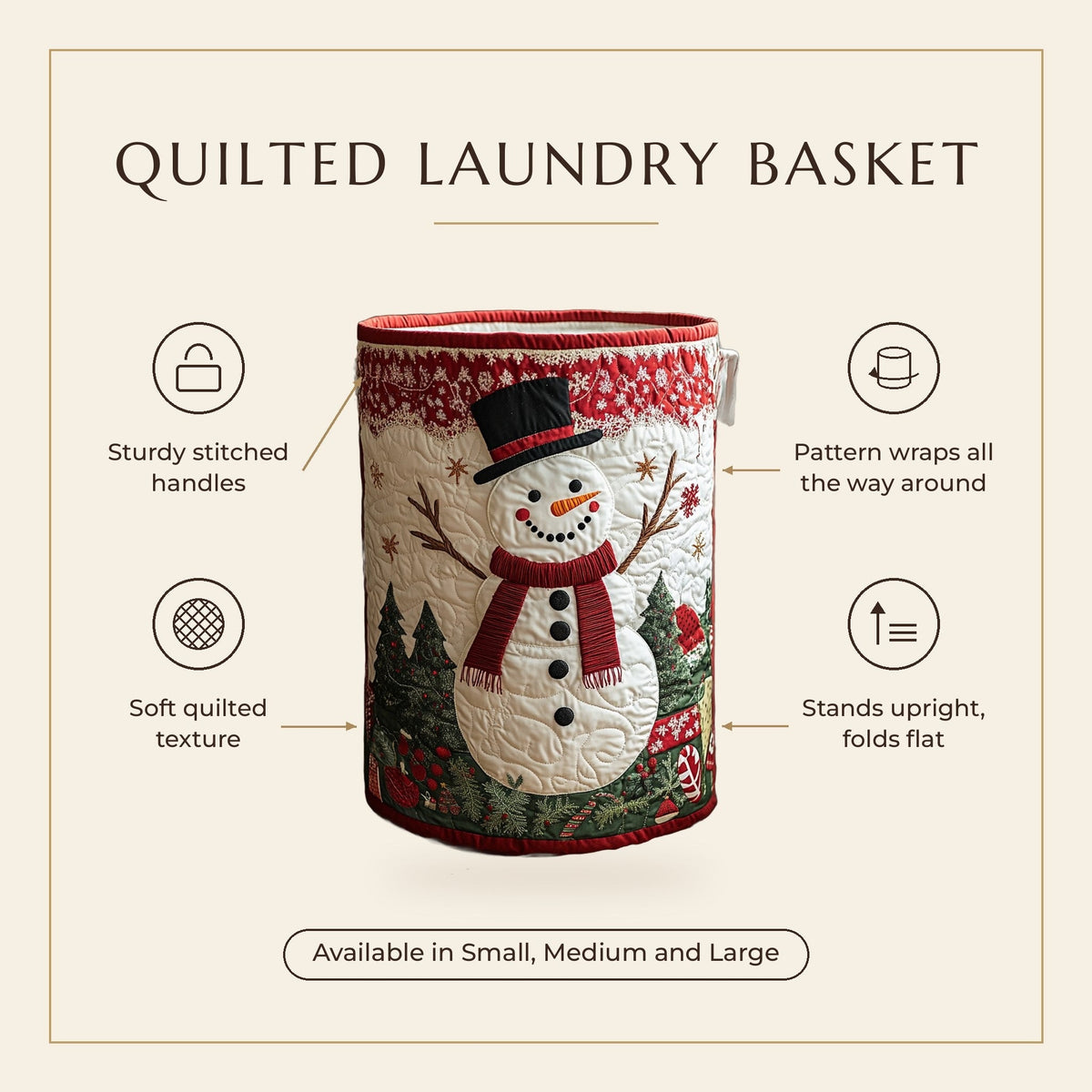 Quilted Laundry Basket - Happy Snowman features infographic