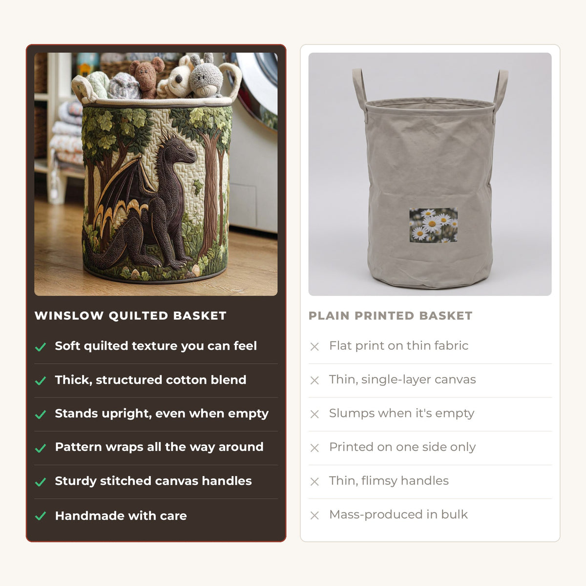 Quilted Laundry Basket - Heartfelt Spirit compared with a plain printed basket