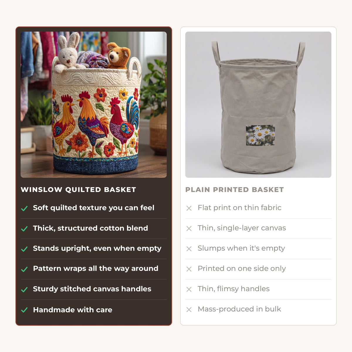 Quilted Laundry Basket - Hen's Hideaway compared with a plain printed basket