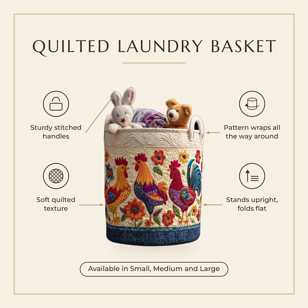 Quilted Laundry Basket - Hen's Hideaway features infographic