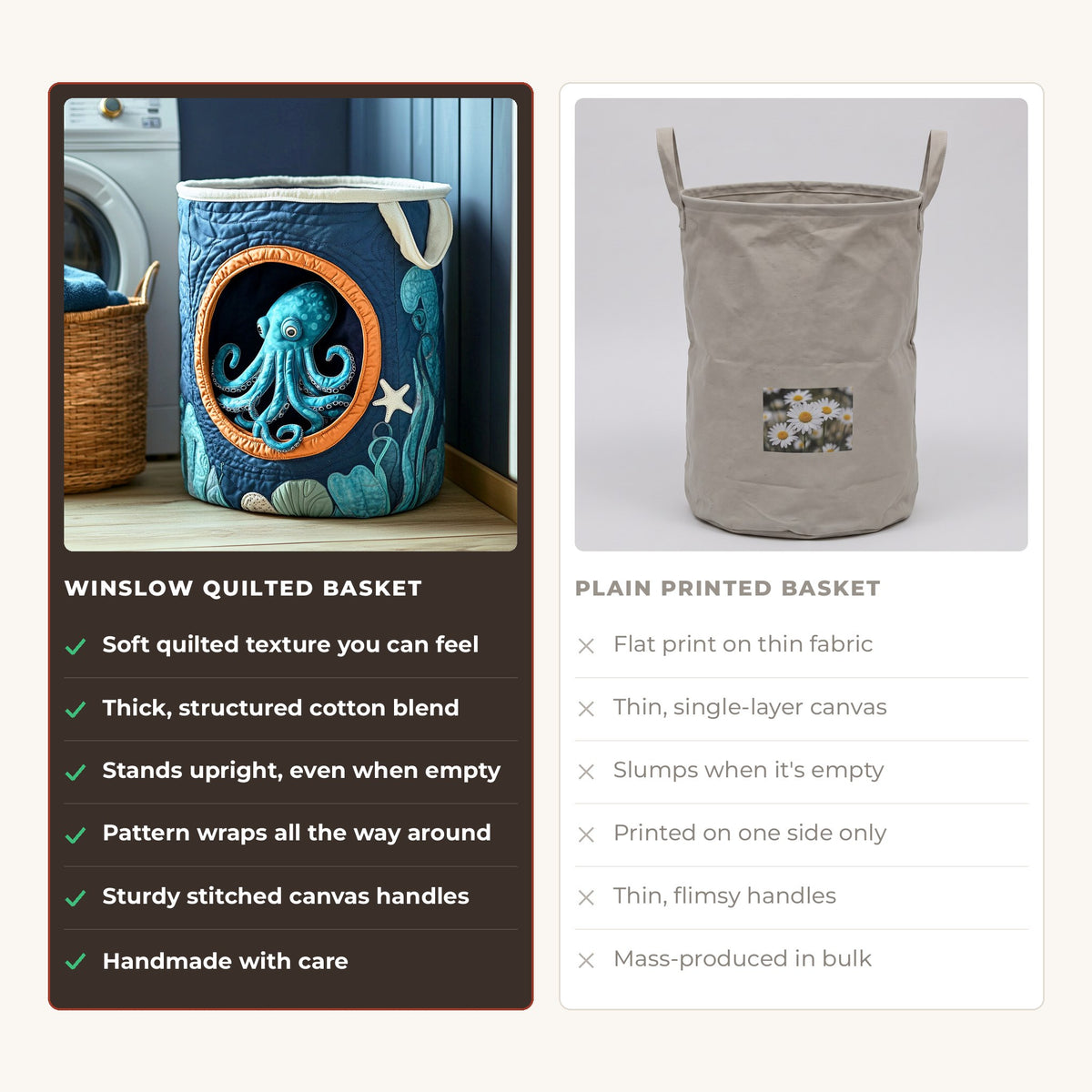 Quilted Laundry Basket - Hidden Octopus compared with a plain printed basket
