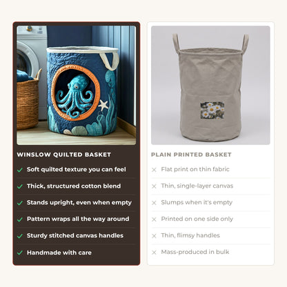 Quilted Laundry Basket - Hidden Octopus compared with a plain printed basket