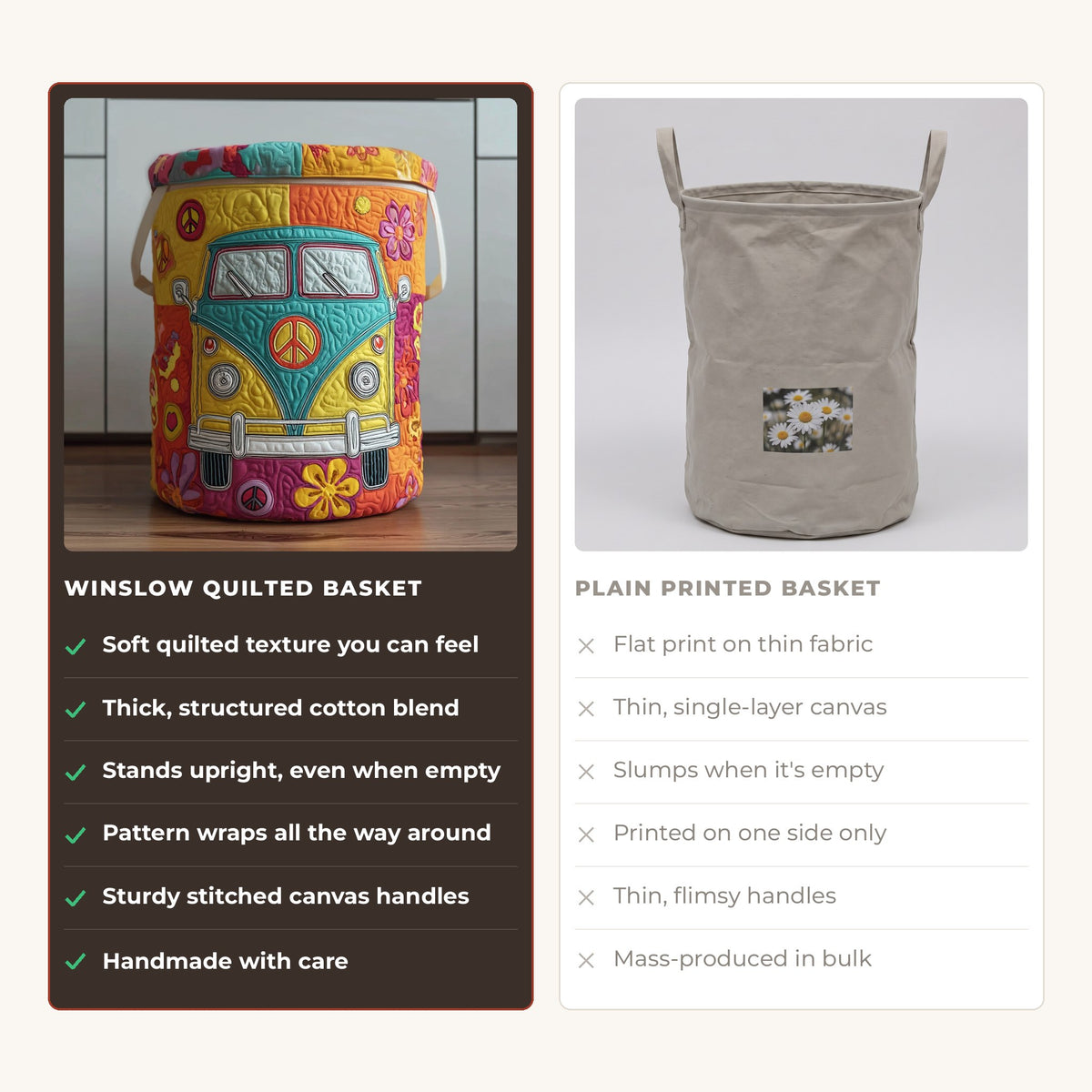 Quilted Laundry Basket - Hippie Style compared with a plain printed basket