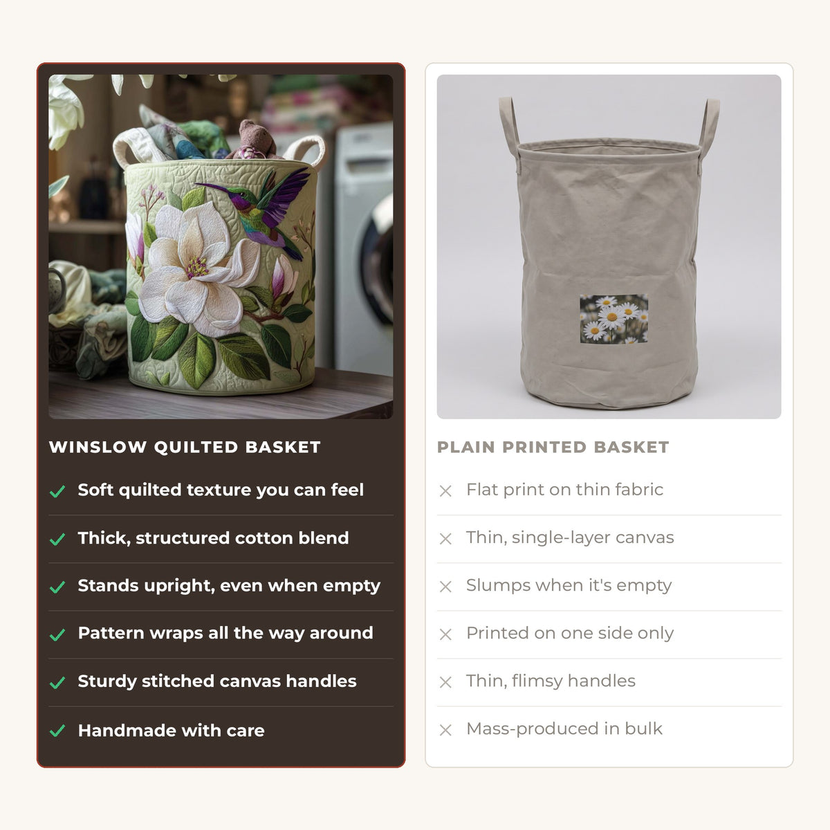 Quilted Laundry Basket - Hummingbird compared with a plain printed basket