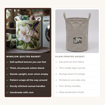 Quilted Laundry Basket - Hummingbird compared with a plain printed basket