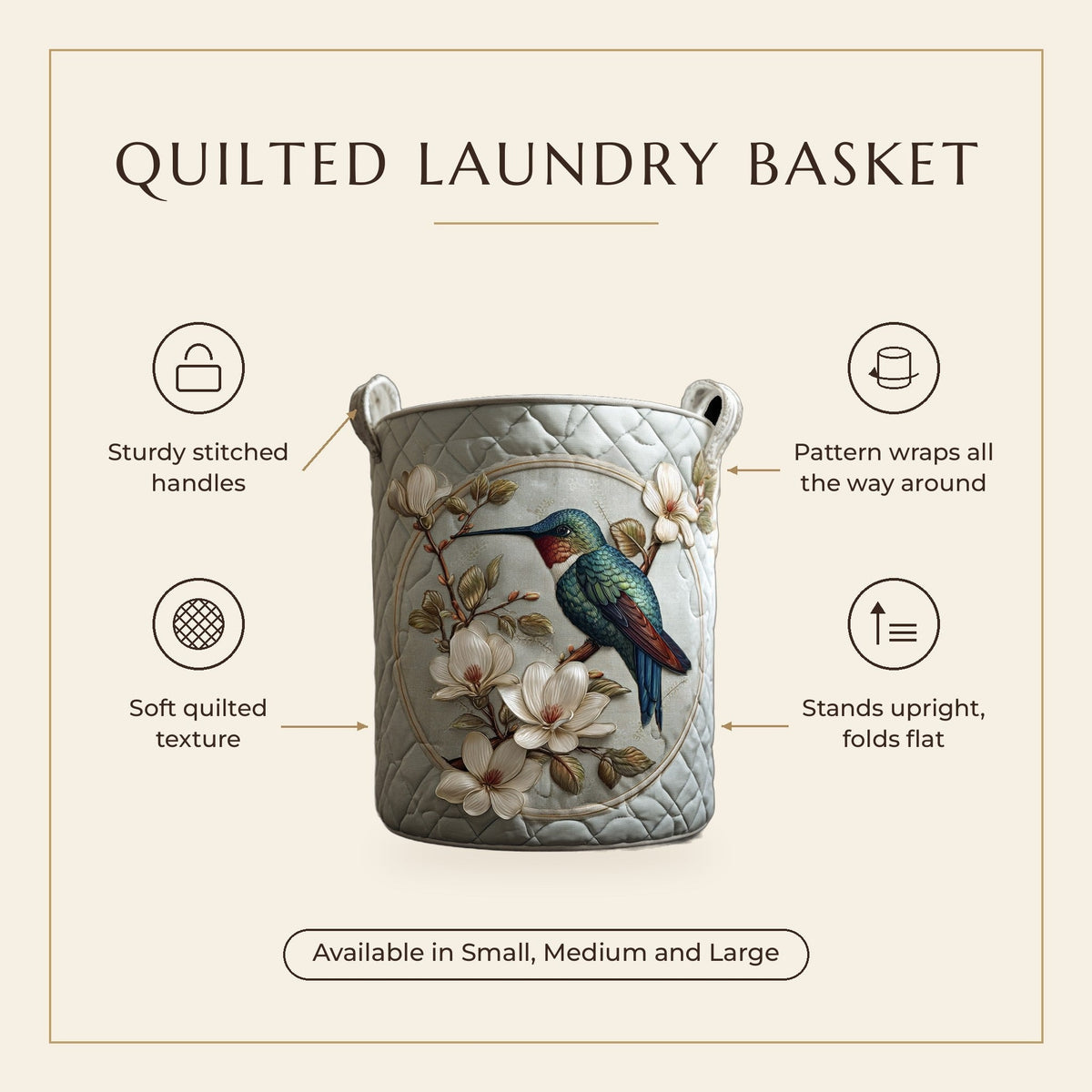 Quilted Laundry Basket - Hummingbird in Lace features infographic