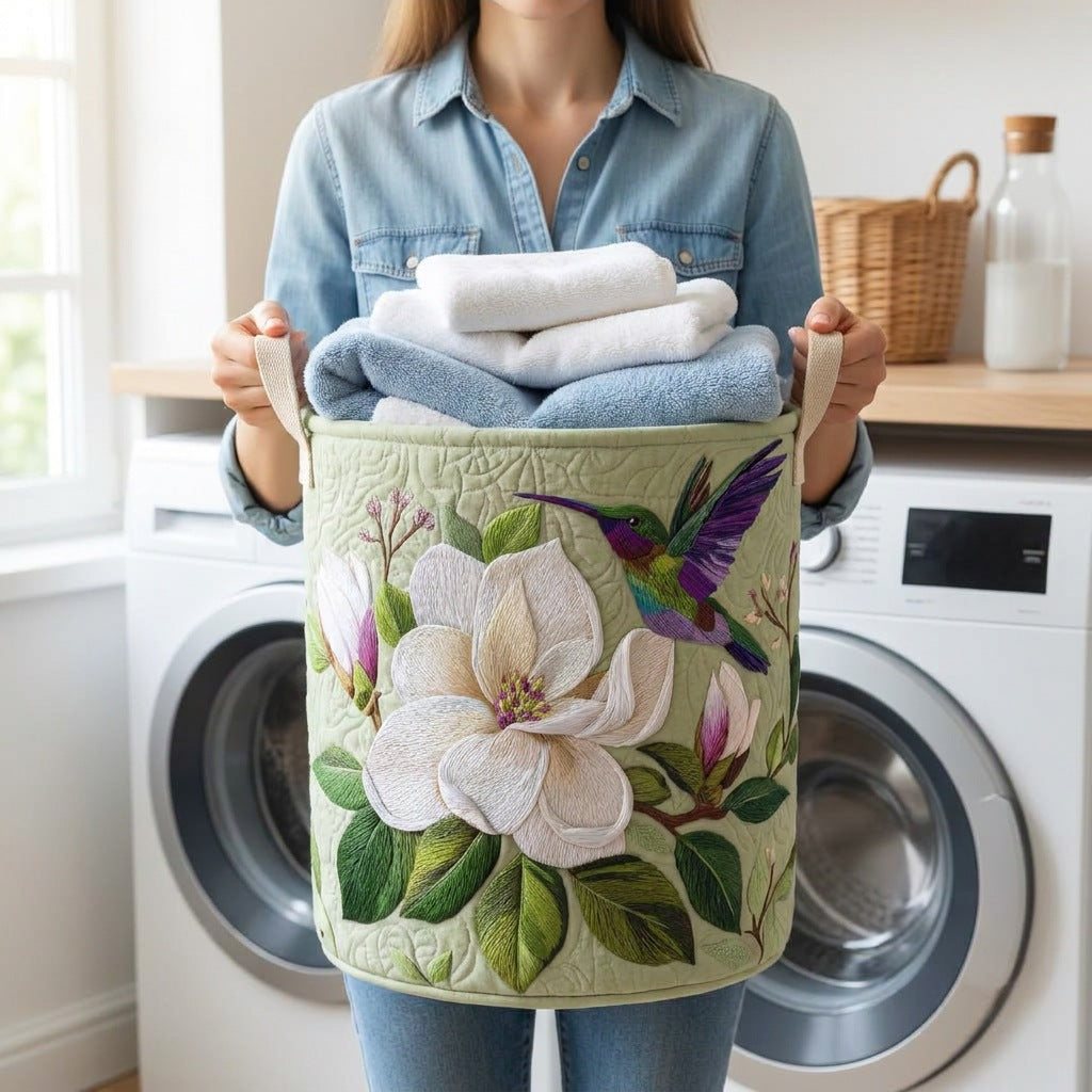 Quilted Laundry Basket - Hummingbird held in a laundry room, filled with towels