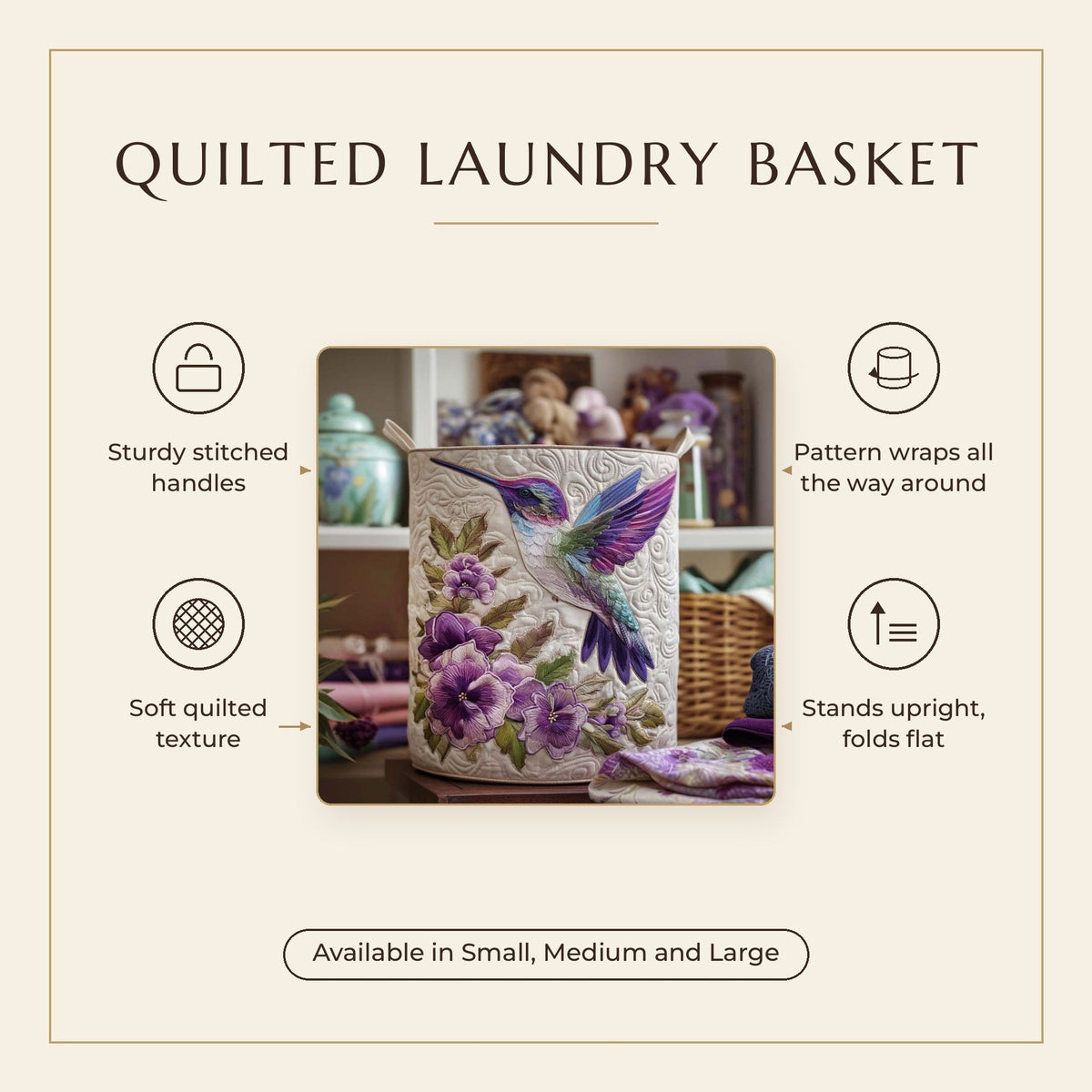 Quilted Laundry Basket - Hummingbird with Flowers features infographic