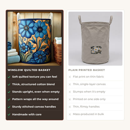 Quilted Laundry Basket - Indigo Flower Harmony compared with a plain printed basket