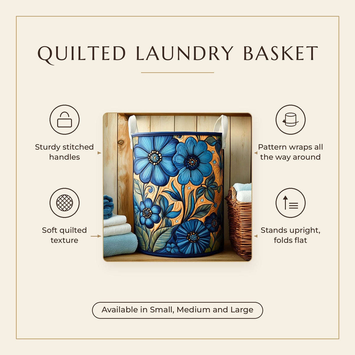 Quilted Laundry Basket - Indigo Flower Harmony features infographic