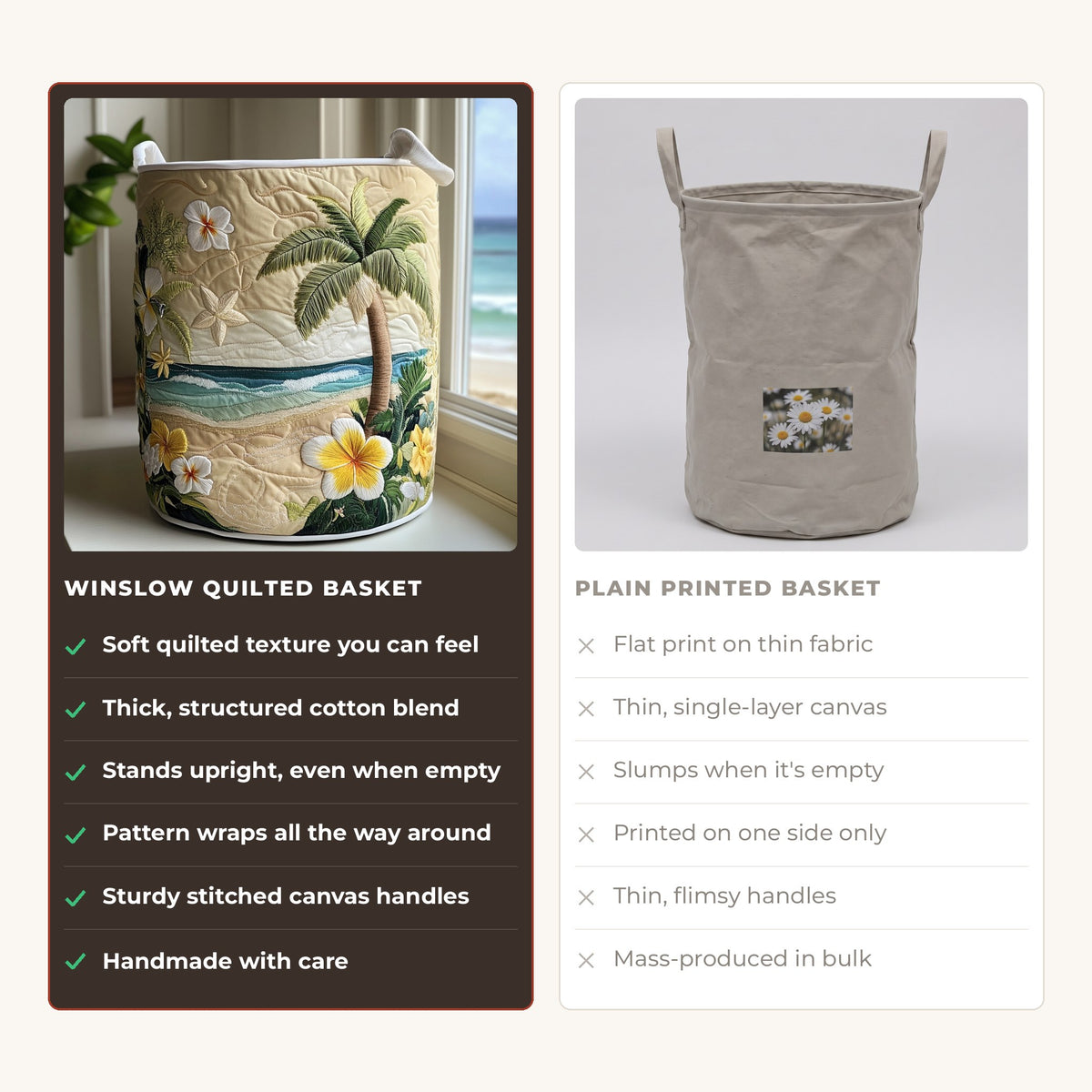 Quilted Laundry Basket - Island Shine compared with a plain printed basket