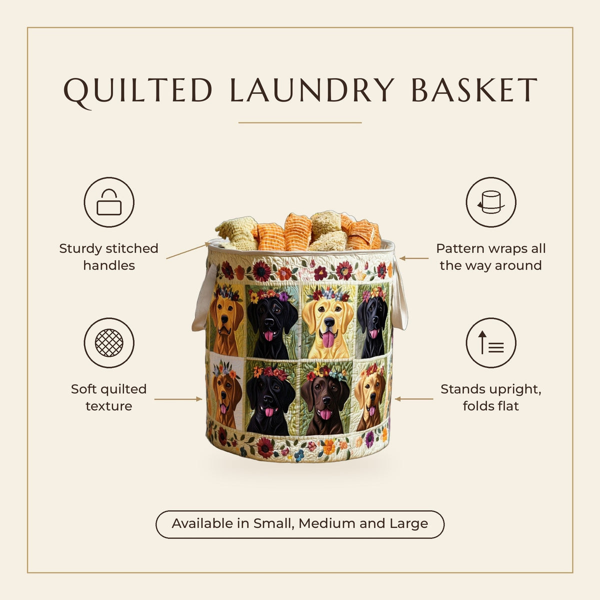 Quilted Laundry Basket - Labrador features infographic