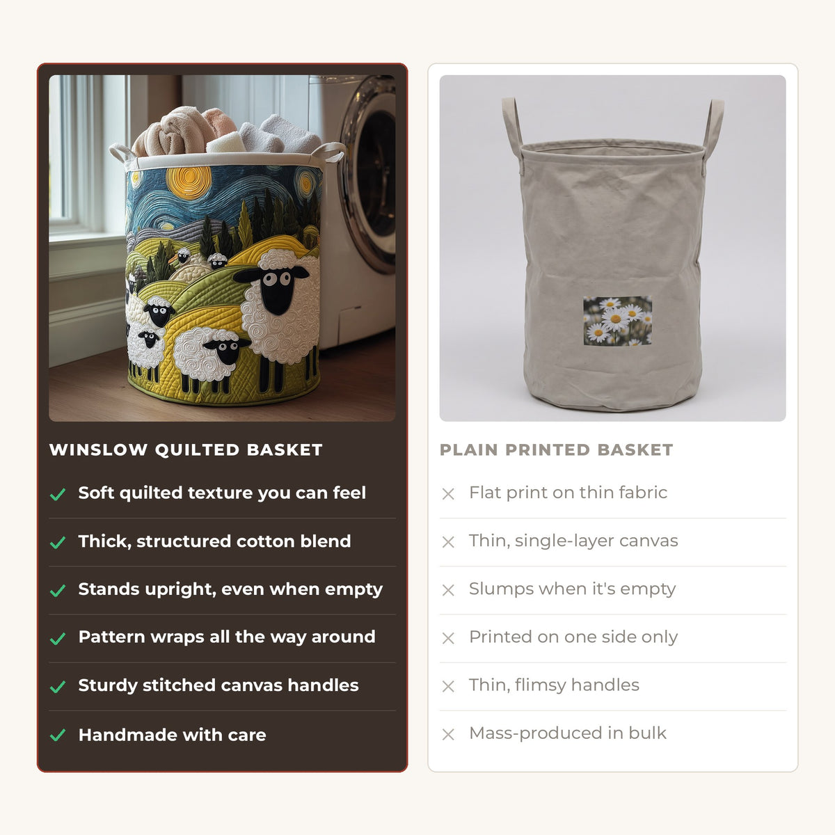 Quilted Laundry Basket - Lamb Meadow compared with a plain printed basket