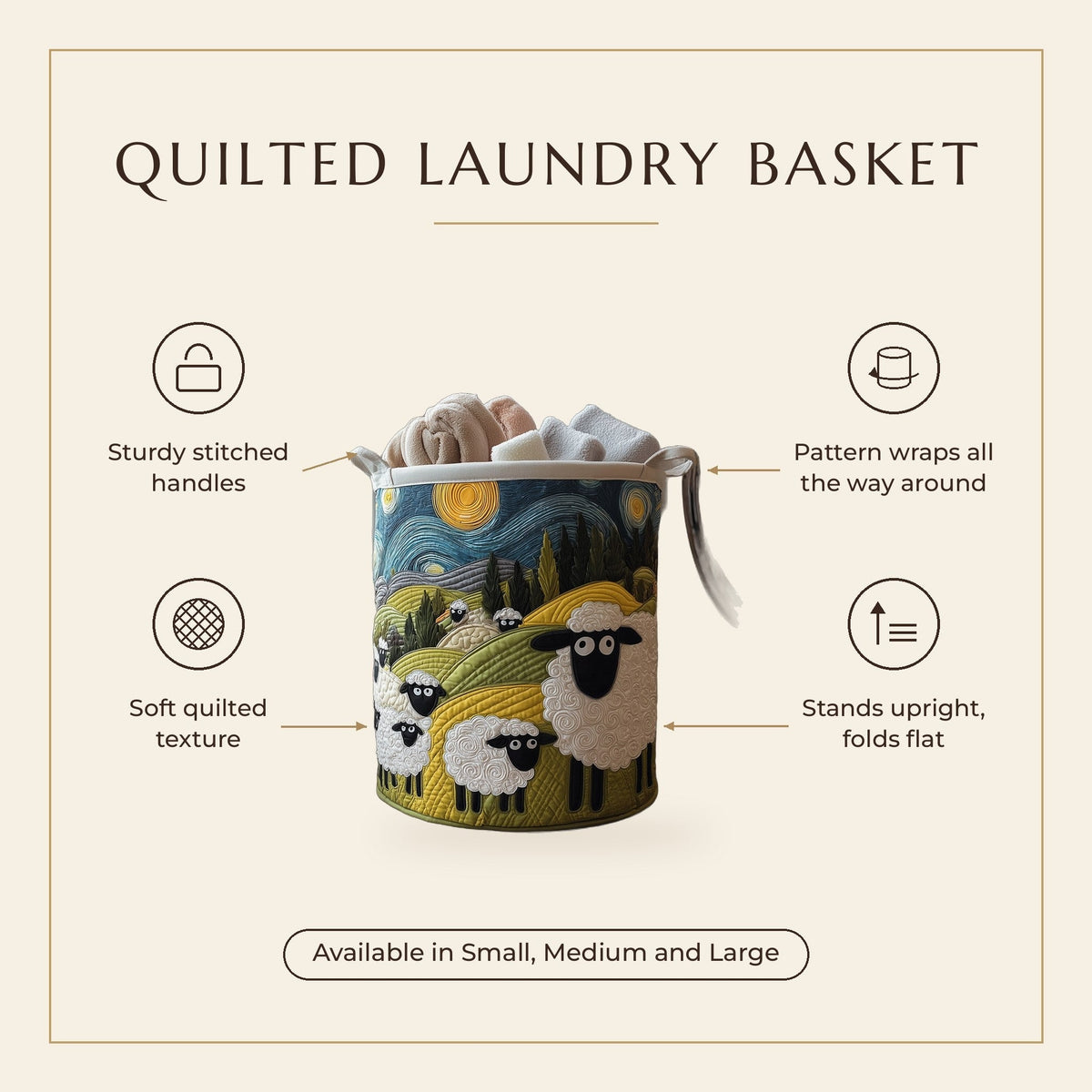 Quilted Laundry Basket - Lamb Meadow features infographic