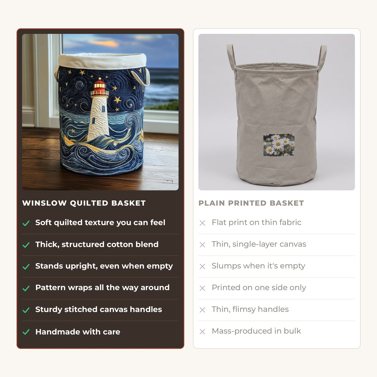 Quilted Laundry Basket - Lighthouse at Dusk compared with a plain printed basket