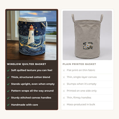 Quilted Laundry Basket - Lighthouse at Dusk compared with a plain printed basket