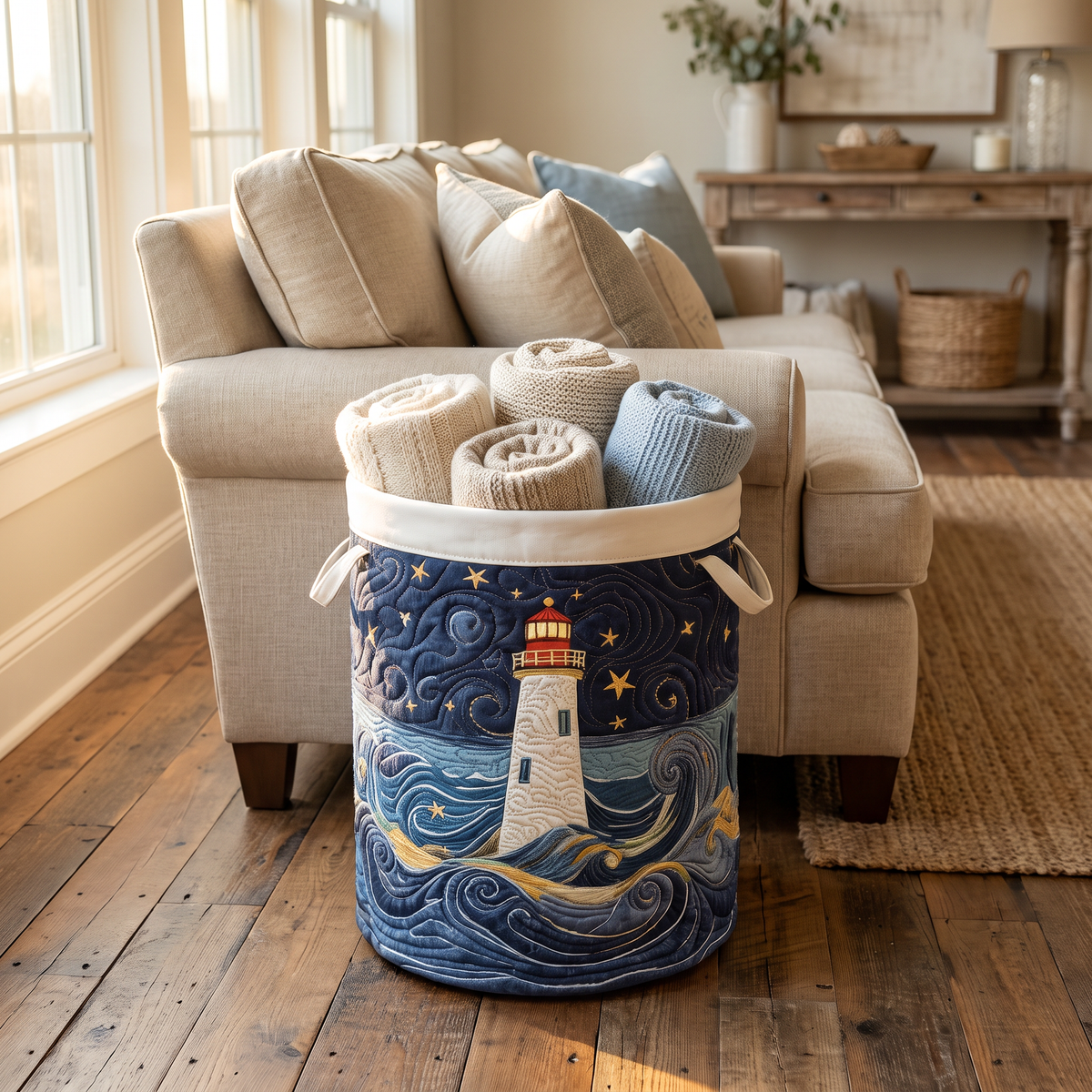 Quilted Laundry Basket - Lighthouse at Dusk
