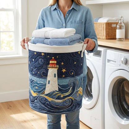 Quilted Laundry Basket - Lighthouse at Dusk held in a laundry room, filled with towels