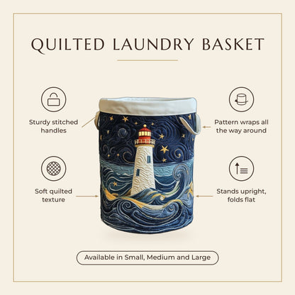 Quilted Laundry Basket - Lighthouse at Dusk features infographic