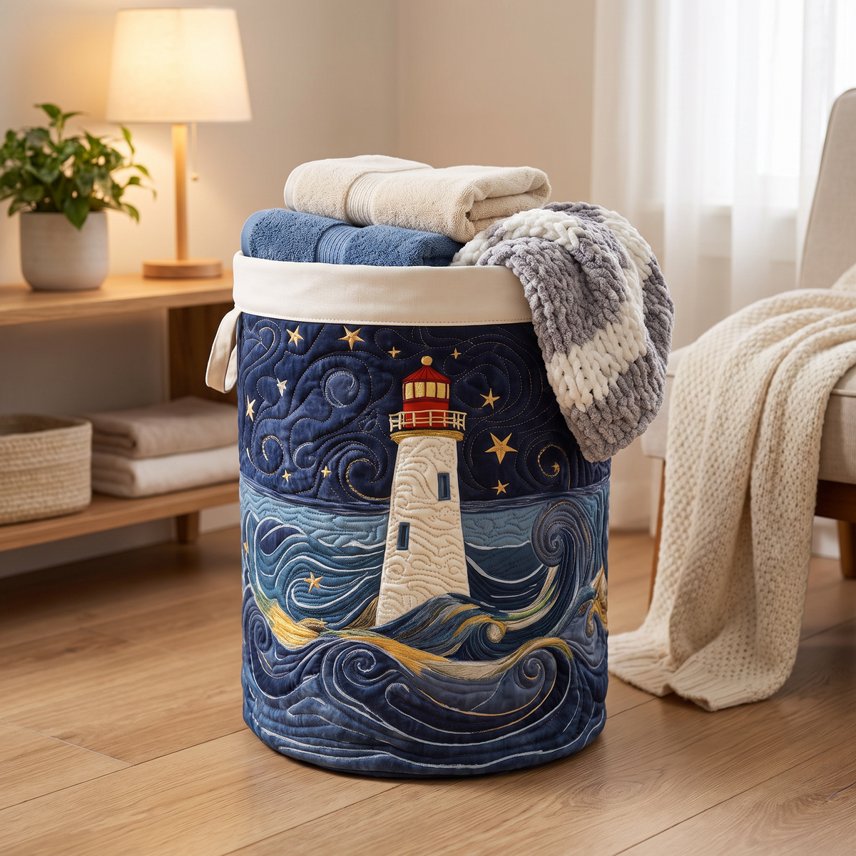 Quilted Laundry Basket - Lighthouse at Dusk