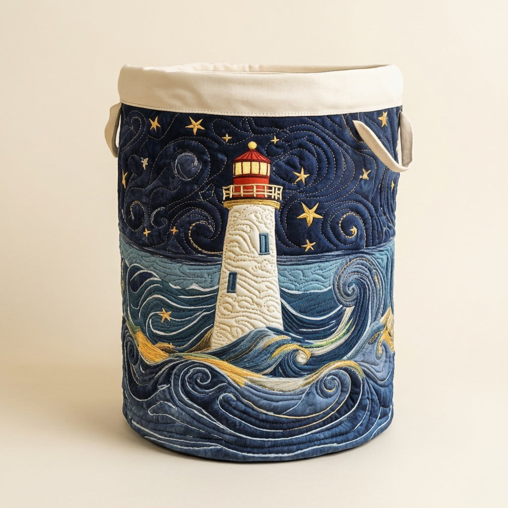 Quilted Laundry Basket - Lighthouse at Dusk, studio photo