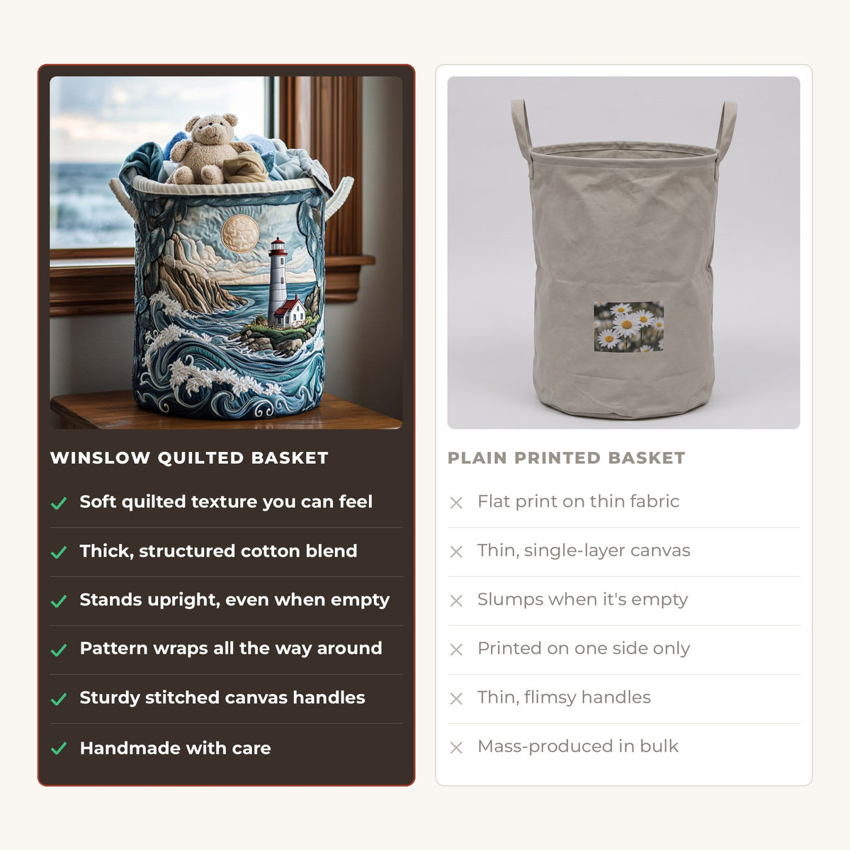 Quilted Laundry Basket - Lighthouse Bay compared with a plain printed basket