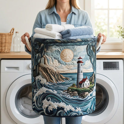 Quilted Laundry Basket - Lighthouse Bay held in a laundry room, filled with towels