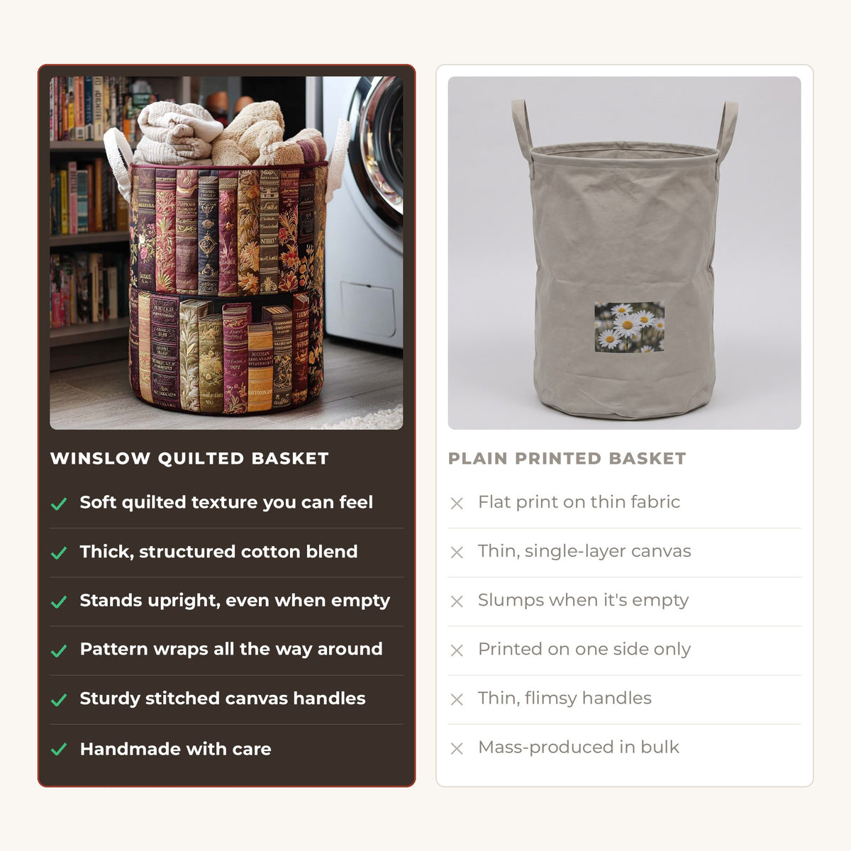 Quilted Laundry Basket - Literary Spirit compared with a plain printed basket