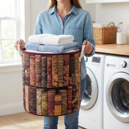 Quilted Laundry Basket - Literary Spirit held in a laundry room, filled with towels