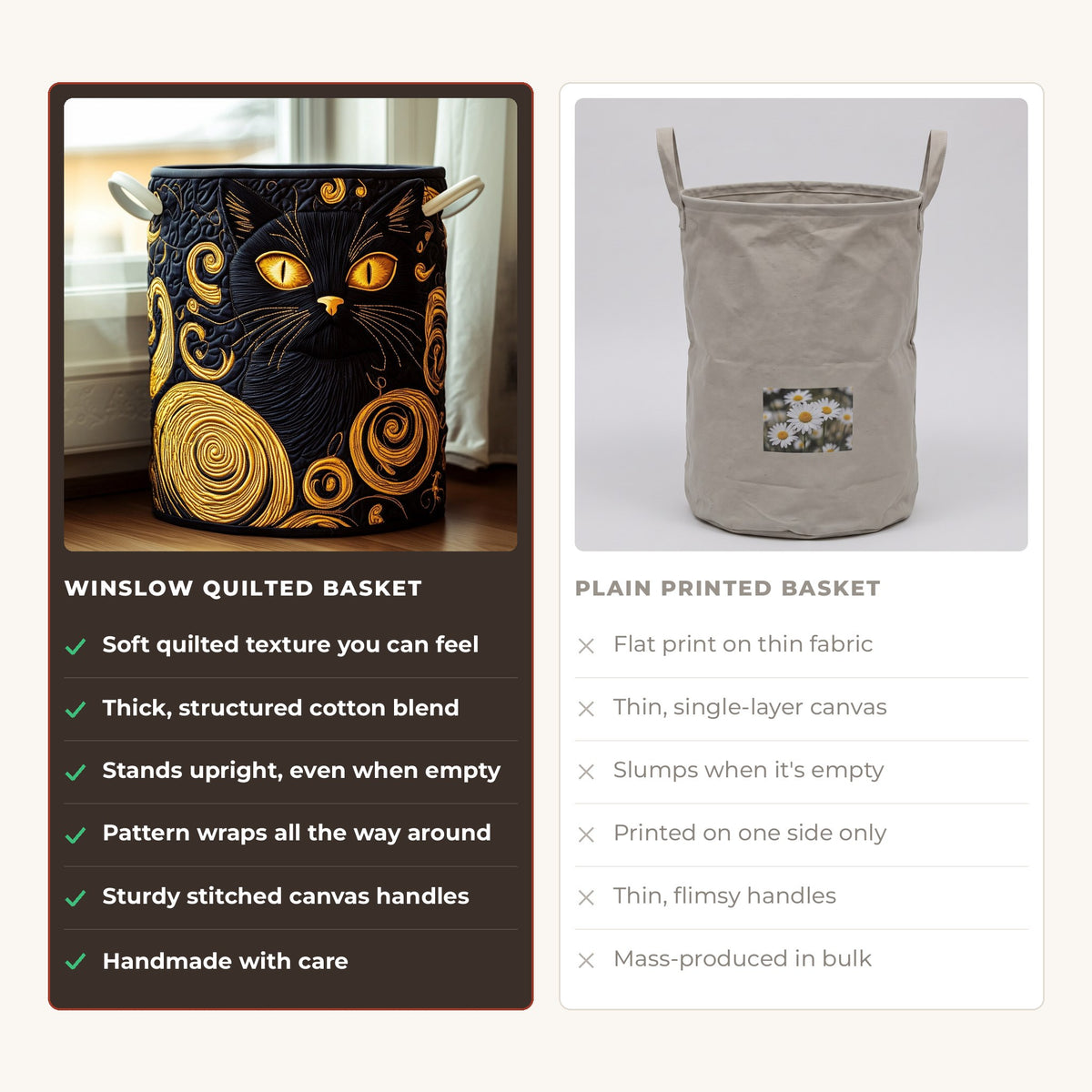 Quilted Laundry Basket - Midnight Whiskers compared with a plain printed basket