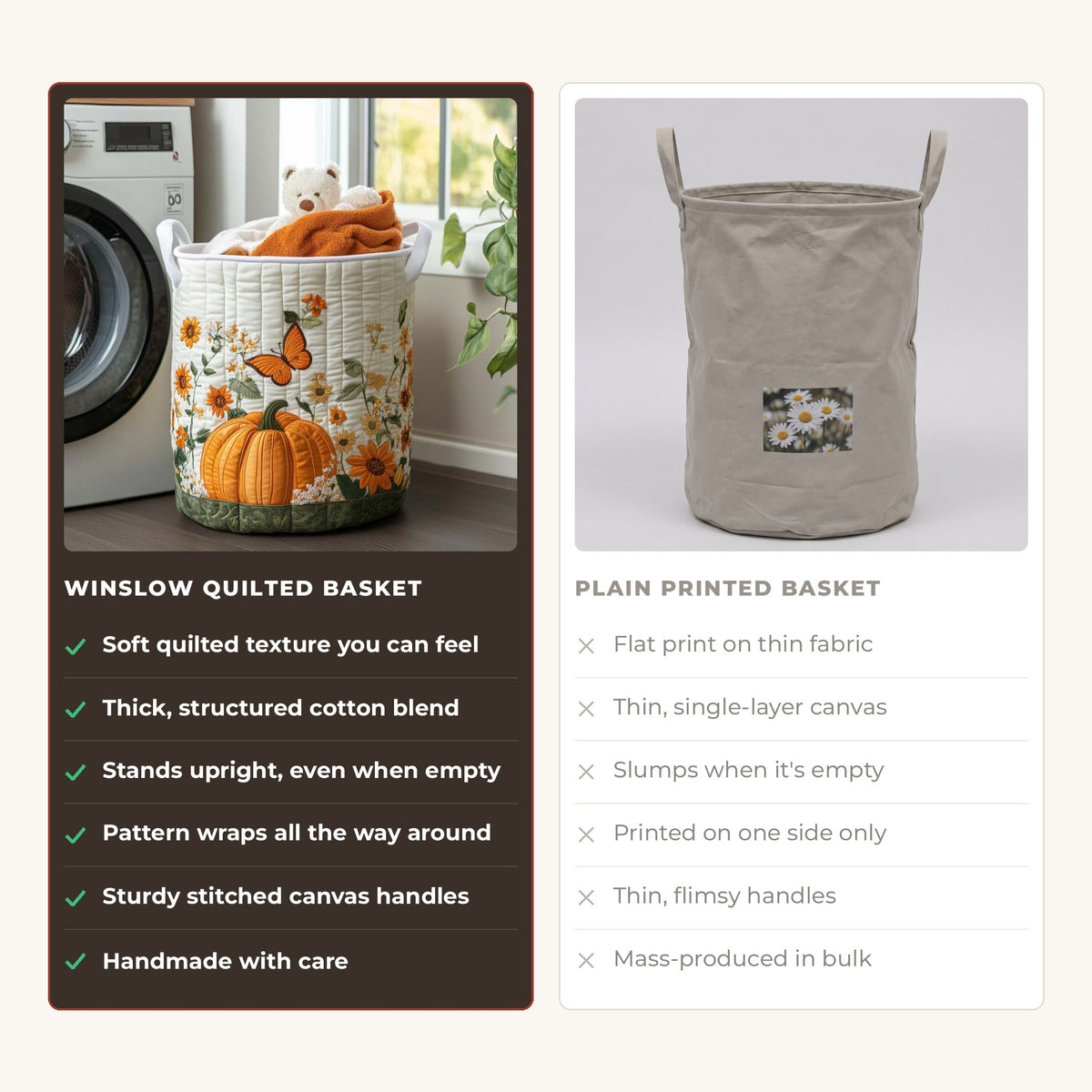 Quilted Laundry Basket - Morning Pumpkin compared with a plain printed basket