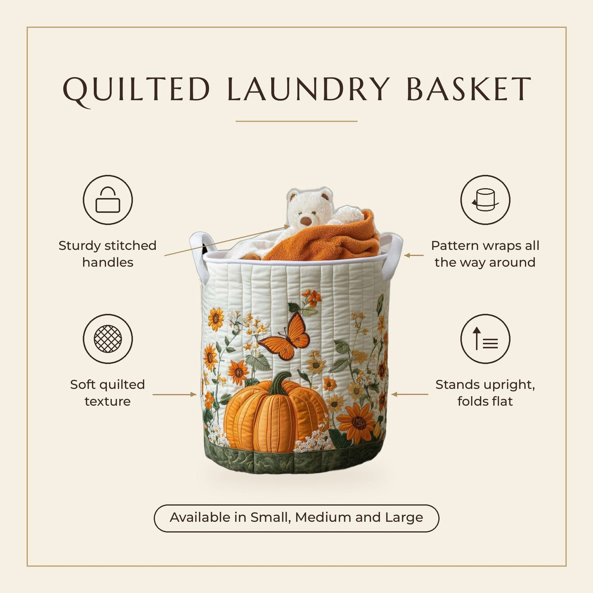 Quilted Laundry Basket - Morning Pumpkin features infographic