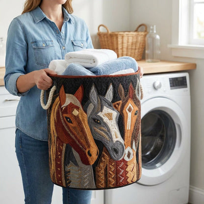 Quilted Laundry Basket - Mountain Hike held in a laundry room, filled with towels