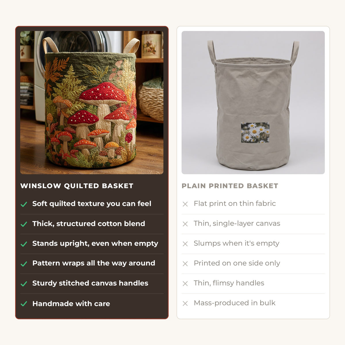 Quilted Laundry Basket - Mushroom Forest compared with a plain printed basket