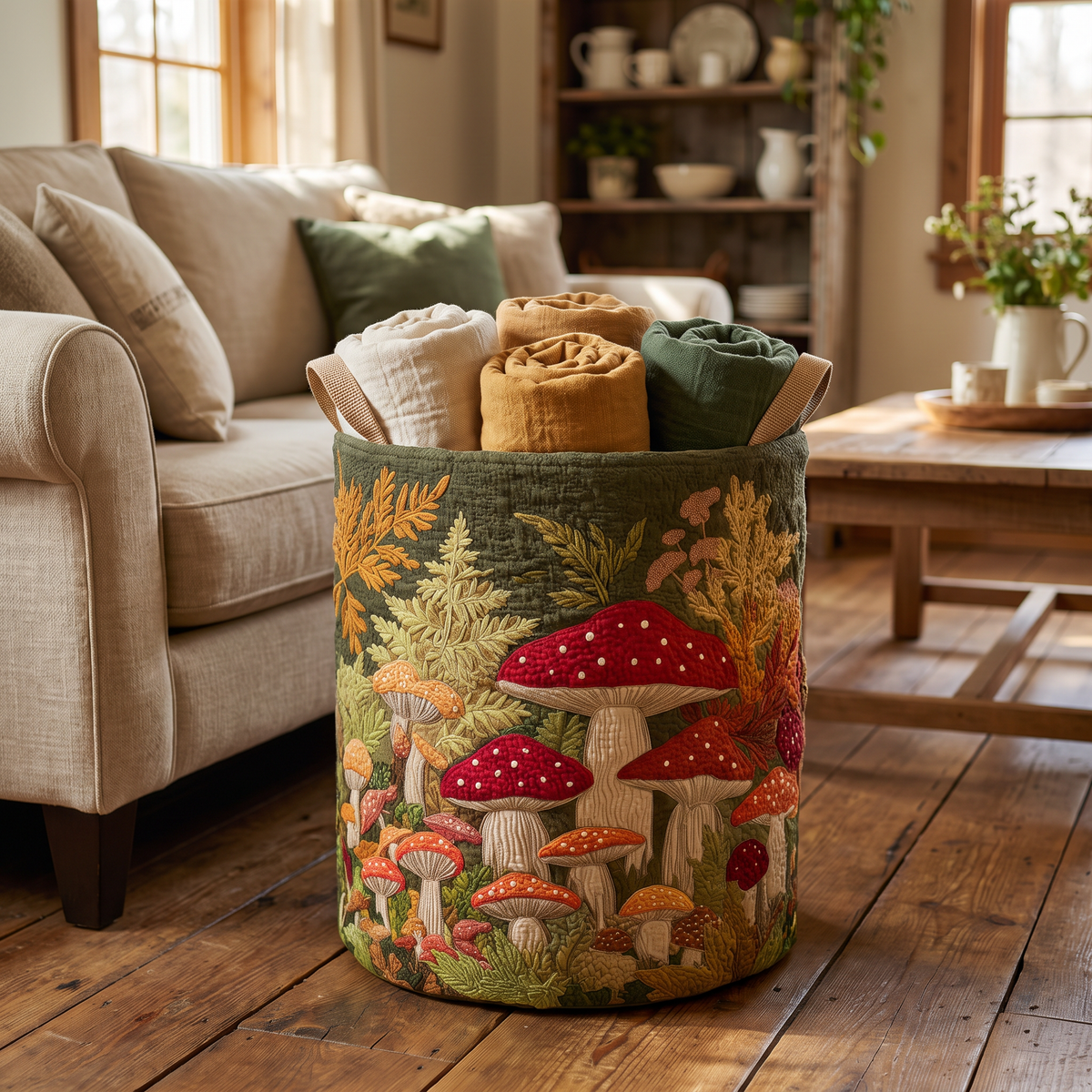 Quilted Laundry Basket - Mushroom Forest