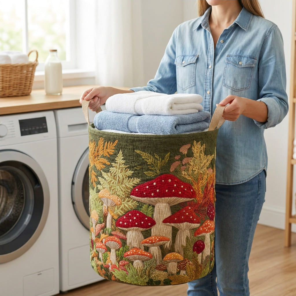 Quilted Laundry Basket - Mushroom Forest held in a laundry room, filled with towels
