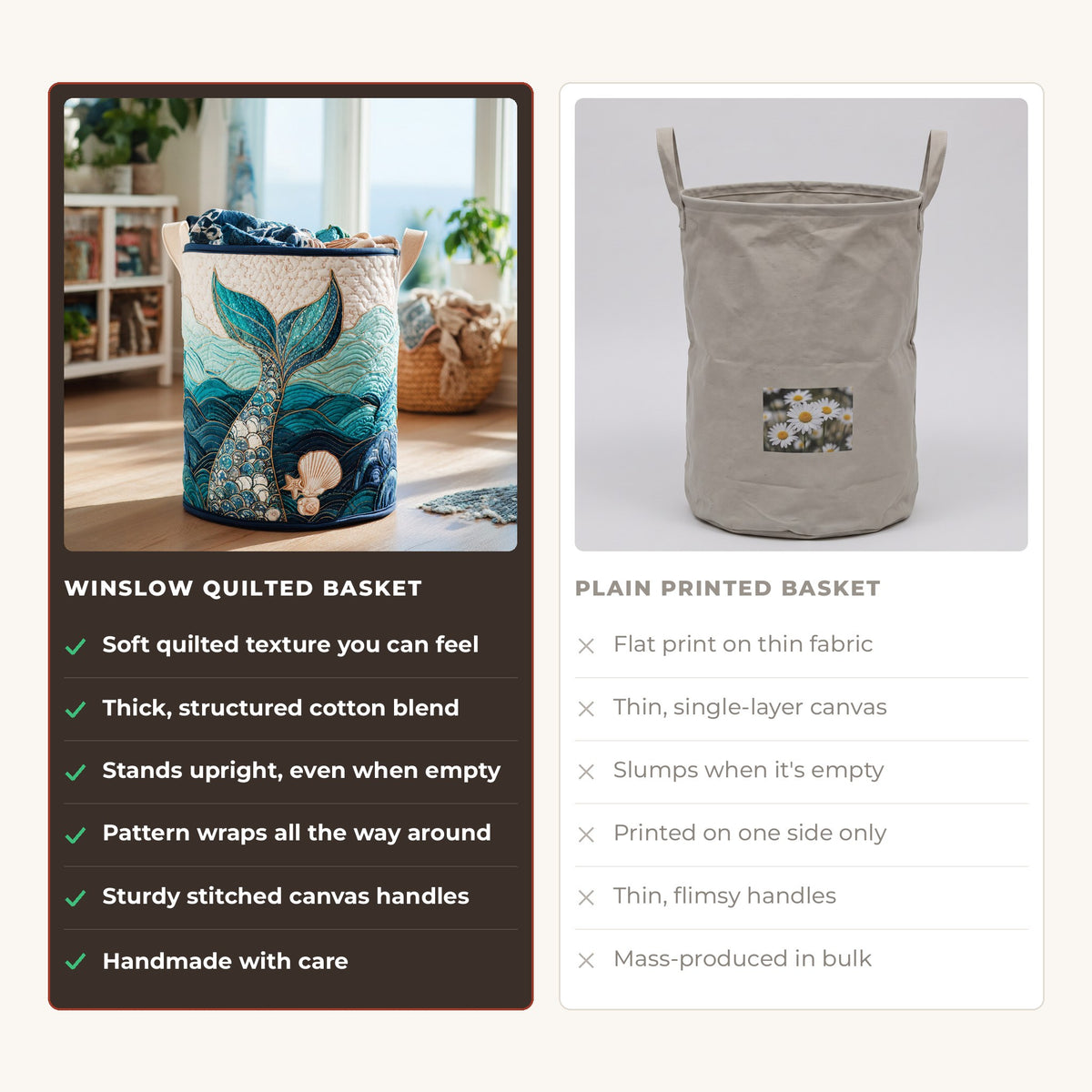Quilted Laundry Basket - Mystic Stream compared with a plain printed basket