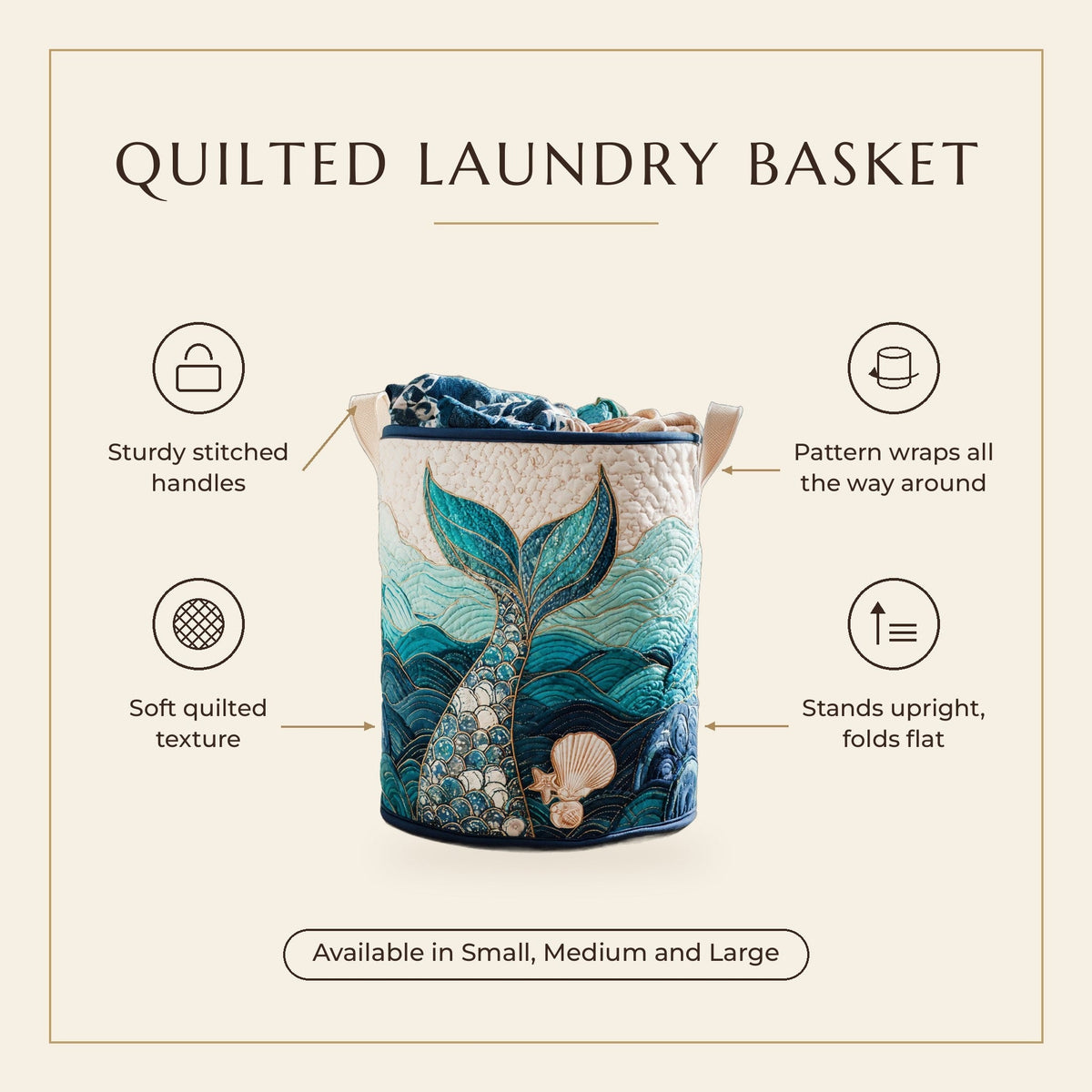 Quilted Laundry Basket - Mystic Stream features infographic