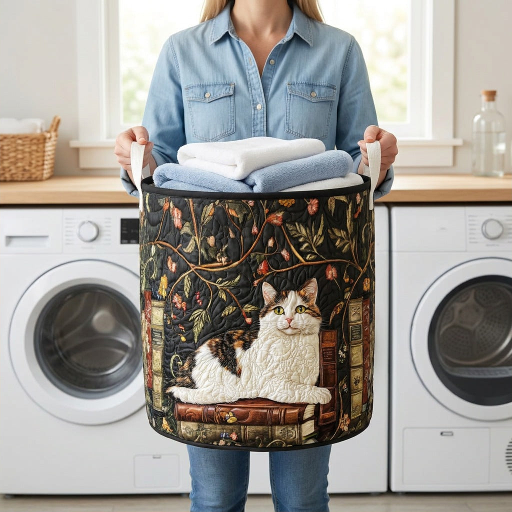 Quilted Laundry Basket - Mystical Cat held in a laundry room, filled with towels