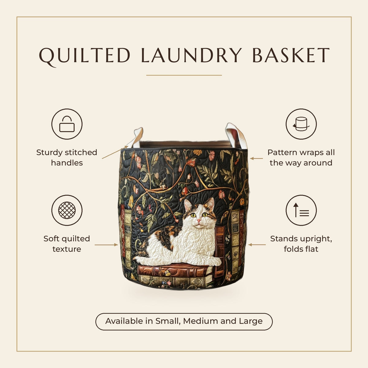 Quilted Laundry Basket - Mystical Cat features infographic