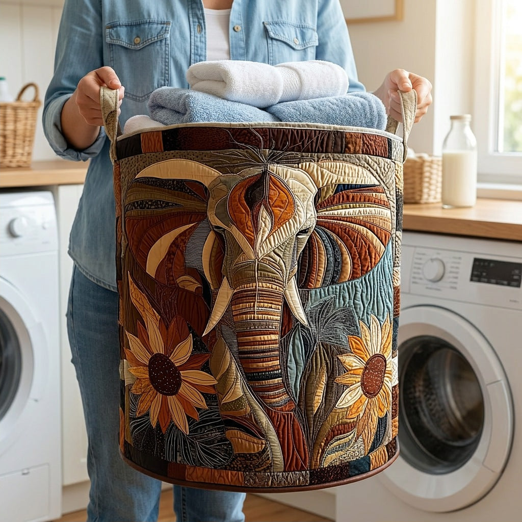 Quilted Laundry Basket - Mystical Elephant held in a laundry room, filled with towels