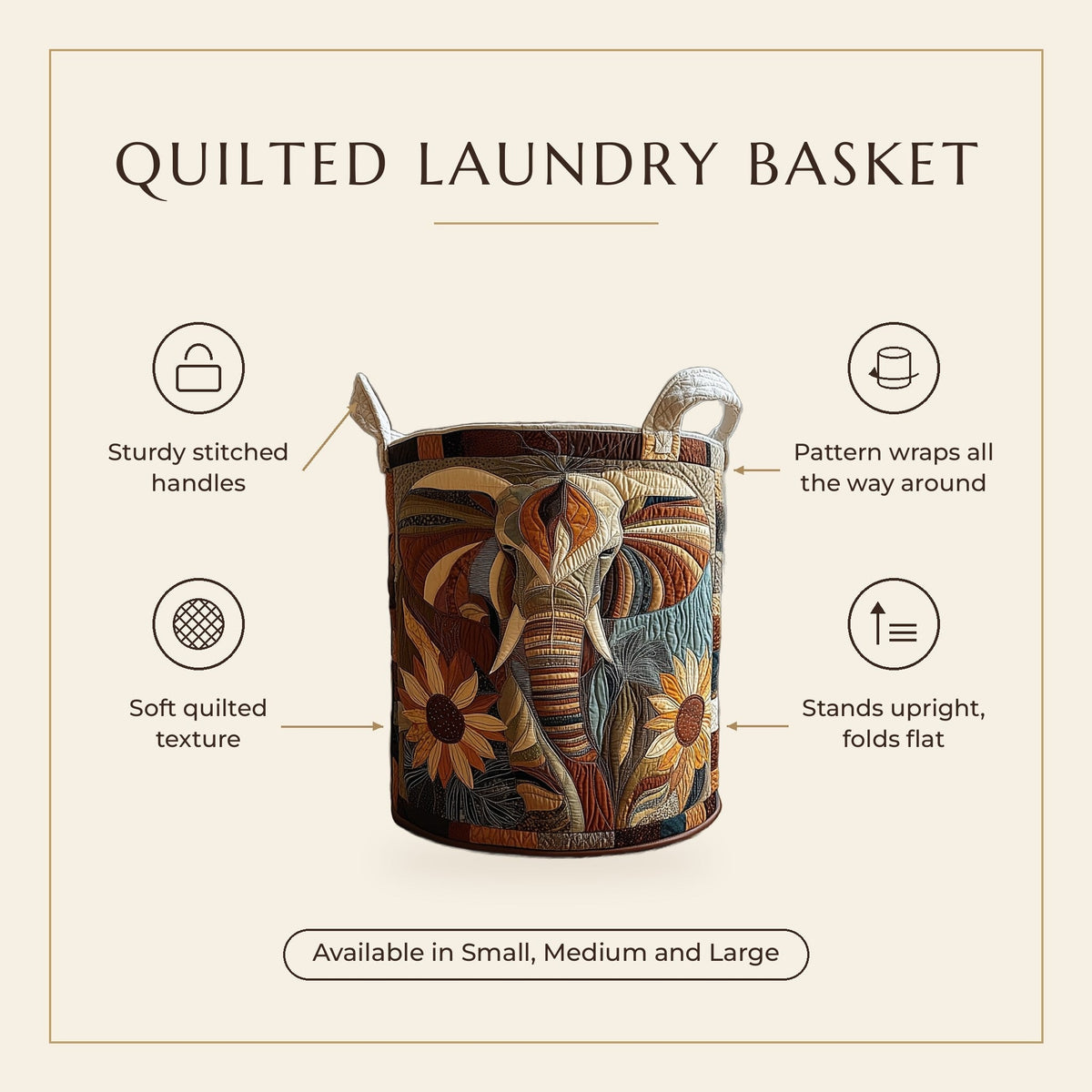 Quilted Laundry Basket - Mystical Elephant features infographic