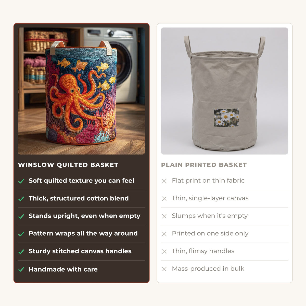 Quilted Laundry Basket - Mystical Octopus compared with a plain printed basket